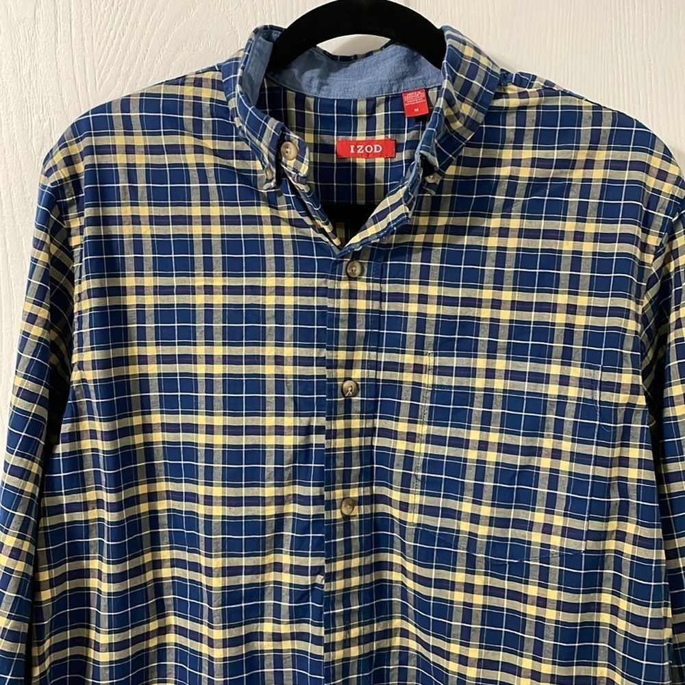 š°Izod Heritage Tartan NWOT Plaid Navy & Yellow 100% Cotton Button Down Sz Medium - Picture 4 of 8